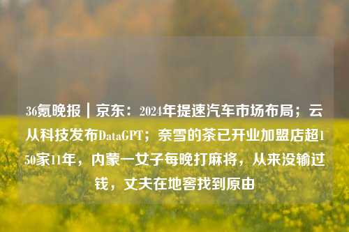 36氪晚报｜京东：2024年提速汽车市场布局；云从科技发布DataGPT；奈雪的茶已开业加盟店超150家11年，内蒙一女子每晚打麻将，从来没输过钱，丈夫在地窖找到原由