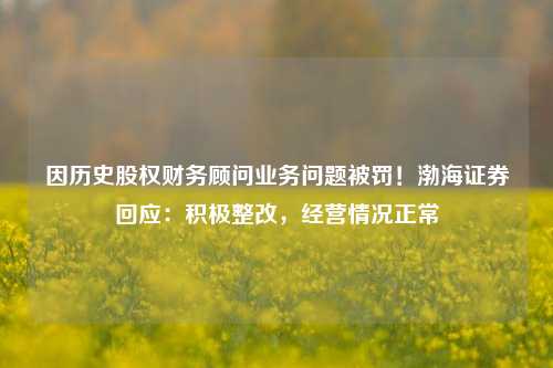 因历史股权财务顾问业务问题被罚！渤海证券回应：积极整改，经营情况正常