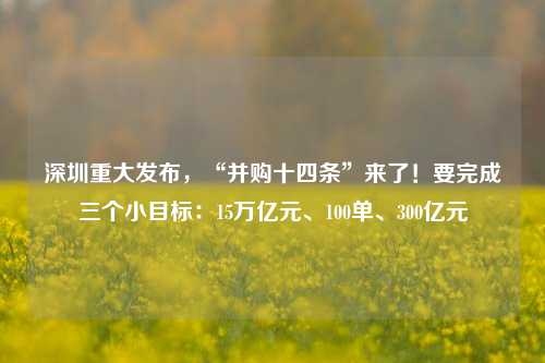 深圳重大发布，“并购十四条”来了！要完成三个小目标：15万亿元、100单、300亿元